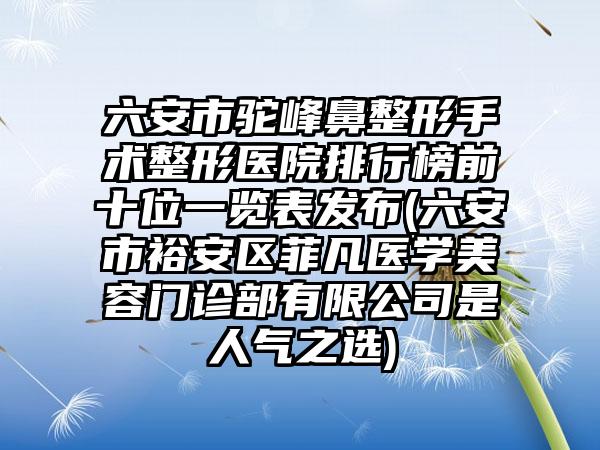 六安市驼峰鼻整形手术整形医院排行榜前十位一览表发布(六安市裕安区菲凡医学美容门诊部有限公司是人气之选)